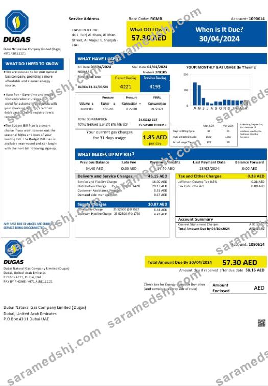 UAE Dubai Natural Gas Company Limited (Dugas) business utility bill template in Word and PDF formats